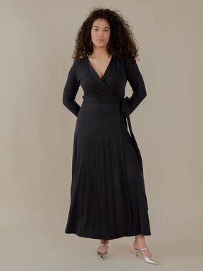 Mata Traders Katie Wrap Dress - Black Maxi Ribbed Organic SZ S Boho Fair Trade
